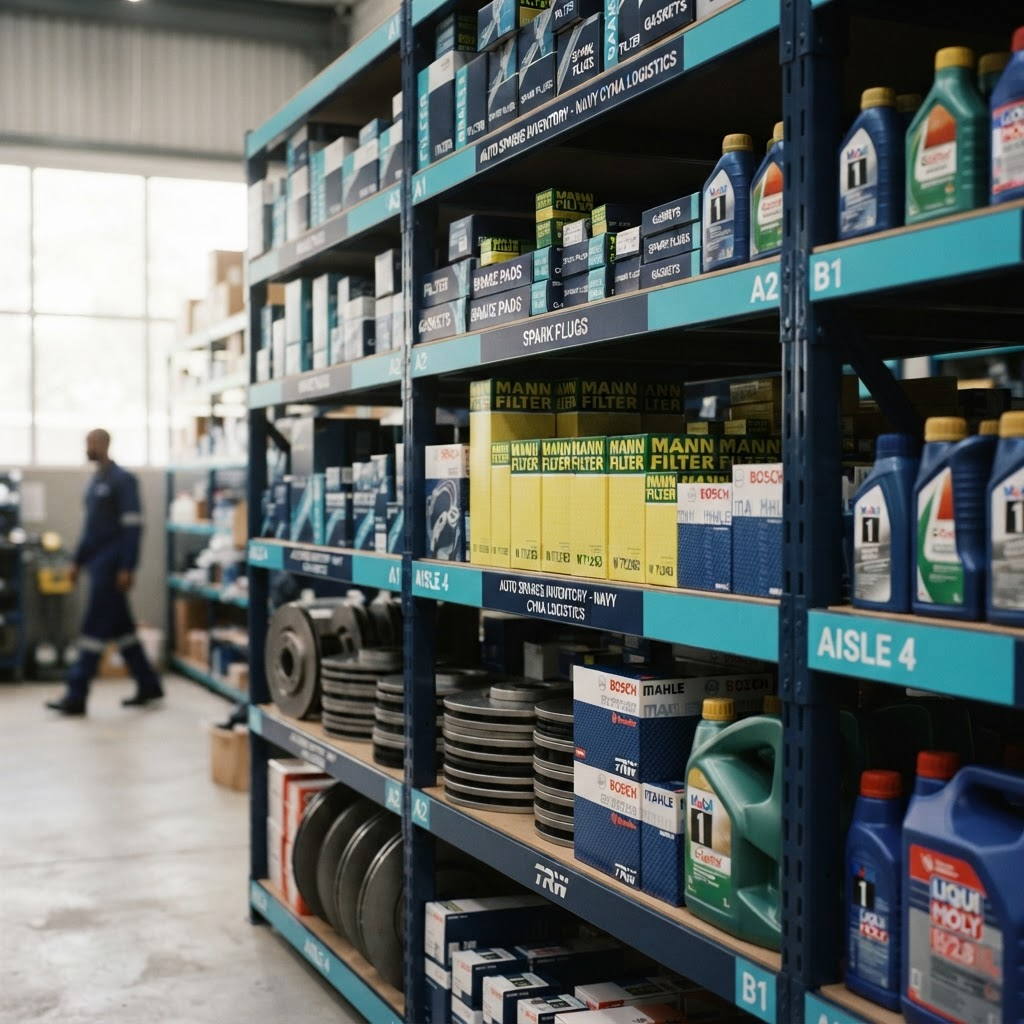 Estantería organizada de repuestos automotrices con filtros, discos de freno y aceites